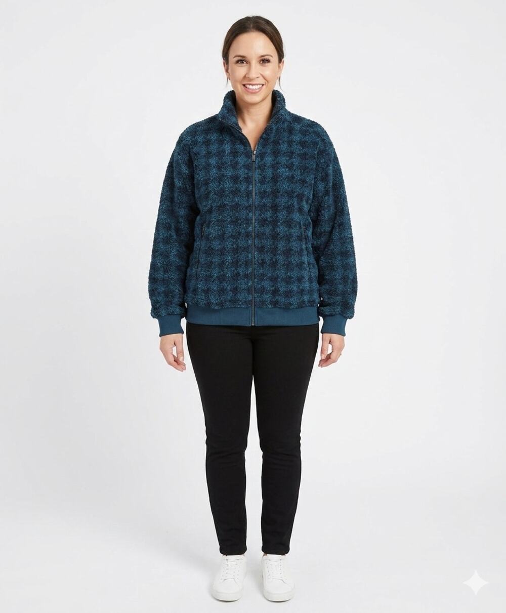 Lacey Chabert Full Zip Sherpa Jacket Blue Houndstooth Womens Size XL Long Sleeve